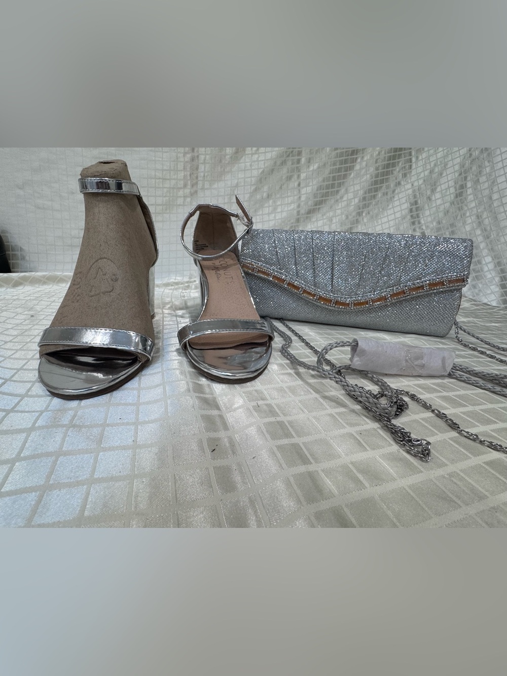 Silver Metallic Ankle-Strap Heels with Matching Clutch